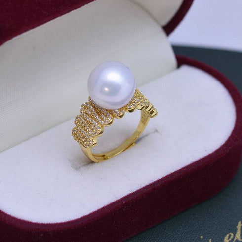 11-12mm Freshwater Pearl & Liz CZ Wide Ring - House Of Pearls